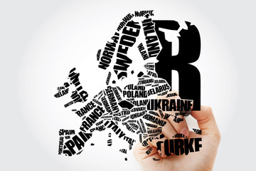 Europe Map in Typography word cloud concept with marker