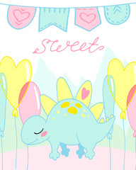 cartoon vector greeting card with cute pastel dinosaur, flag, leaves