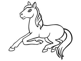 Foal. Little horse linear picture for coloring. Pony - coloring book for children and adults. outline Horse lying on the ground