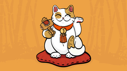 Lucky cat with hammer. Asian talisman