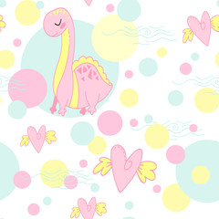 Cute vector seamless pattern with a cartoon pink dinosaur, hearts, polka dots