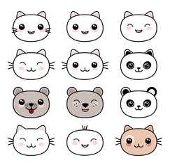 Kawaii style cute animal faces set vector