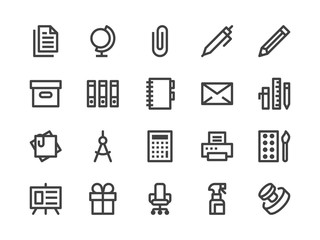 Stationery Supplies Store Line Icon. Vector Illustration Flat style. Included Icons as Office Furniture, Printer Paper, Envelope, Pen, Stamp, Globe and more. Editable Stroke. 30x30 Pixel Perfect