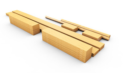 Sliced Lumber from the log. 3d illustration Stack of wooden bars