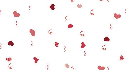 Scattered Red confetti. Happy Pattern of Hearts and Serpentine. Vector Seamless Pattern on a White Background. The idea of packaging, textiles, wallpaper, banner, printing.