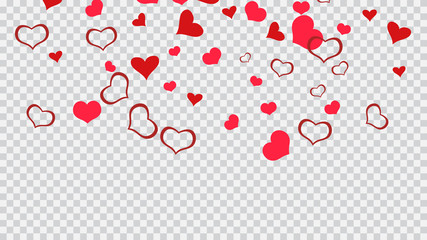 Romantic background. Design element for wallpaper, textiles, packaging, printing, holiday invitation for Valentine's Day. Red on Transparent background Vector. Red hearts of confetti are flying.