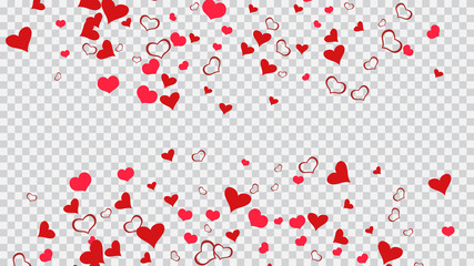 Fototapeta na wymiar Red hearts of confetti are falling. Red on Transparent background Vector. Design element for wallpaper, textiles, packaging, printing, holiday invitation for birthday. Stylish background.