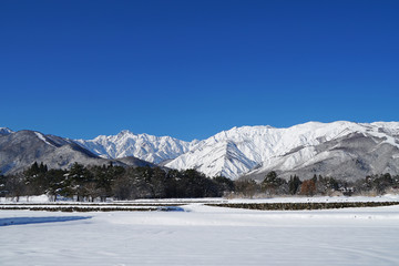 Fototapeta na wymiar 白馬村から眺めた冬の北アルプス