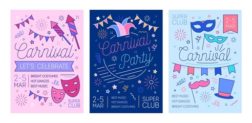 Bundle of placard, flyer or invitation templates for masquerade ball, carnival or costume party with fireworks and masks drawn with lines. Vector illustration in linear style for event promotion. - obrazy, fototapety, plakaty
