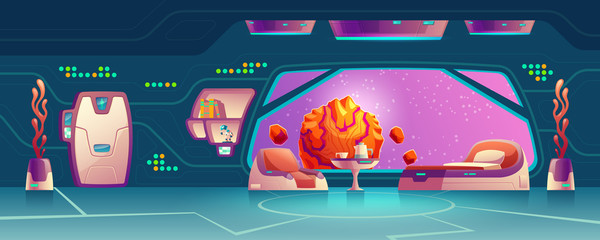 Vector cartoon interior of futuristic room with big window on space station, shuttle. Bright furniture, door and shelf. Control panel of alien spacecraft. Cosmic house inside, astronaut concept. © vectorpocket