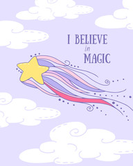 fantastic vector greeting card with a cartoon star rainbow on a background with white clouds