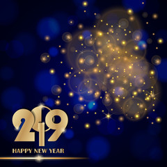 Golden lights abstract on blue ambient blurred background. New Year 2019 concept. Luxury design. Vector illustration