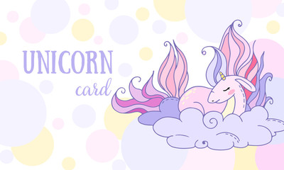 fantastic vector panorama greeting card with cartoon unicorn on cloud