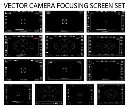 Camera focusing screen with settings 13 in 1 pack - digital, mirorless, DSLR, cameraphone isolated. Viewfinders camera recording. Vector illustration