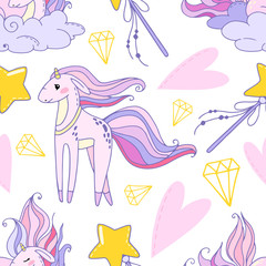 fairy tale vector seamless pattern with cartoon unicorn, heart, magic wand, diamond, cloud