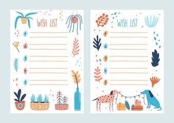 Bundle of wish list templates decorated by potted plants, branches with leaves, pair of cute dogs holding flag garland, present boxes. Set of cards with desired gifts. Flat vector illustration.