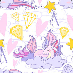 fairy tale vector seamless pattern with cartoon unicorn, heart, magic wand, diamond, cloud