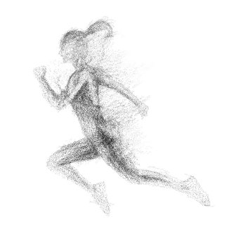 Black silhouette of running woman from particle divergent.