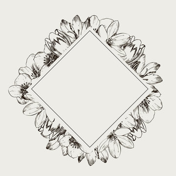 recommend clip art: Frame with spring flowers. Ready postcard. Botanical illustration. Primroses, snowdrops, hellebore hand-drawn with ink and a pen. Vector illustration