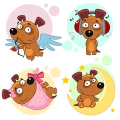 Set of icons with dogs for children and design, an angel dog with wings and a bow, listening to music in headphones, sitting on the moon or the month around a star, a puppy in a pink diaper.
