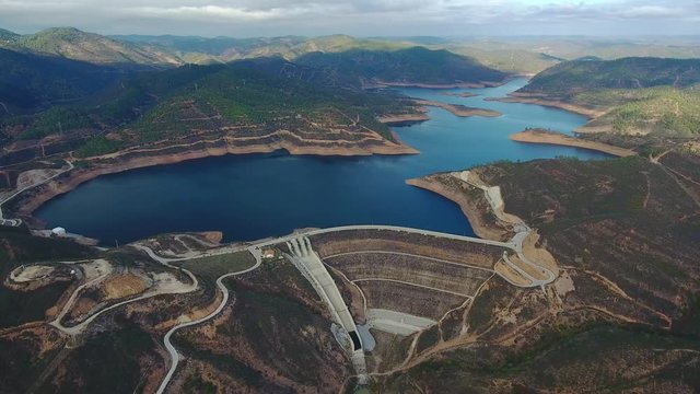 Aerial. Portuguese hydroelectro dam Odelouca, in mountains of Monchique. Algarve Portugal
