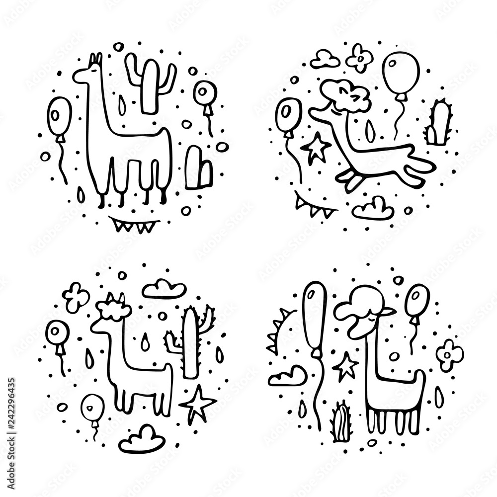 Poster lama concept. vector composition in doodle style.