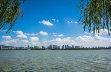 Beautiful Toronto skyline with CN Tower over lake. Canada.
