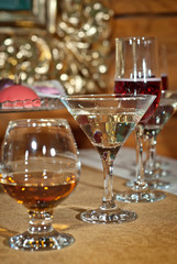 Glass glasses with colored drinks on the table. alcoholic drinks at the buffet