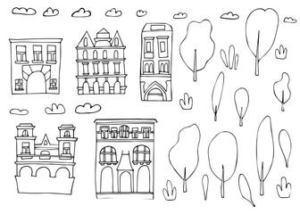 Set of vector houses, trees and clouds.
