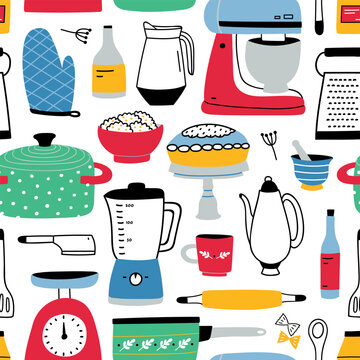 Colorful seamless pattern with kitchen utensils