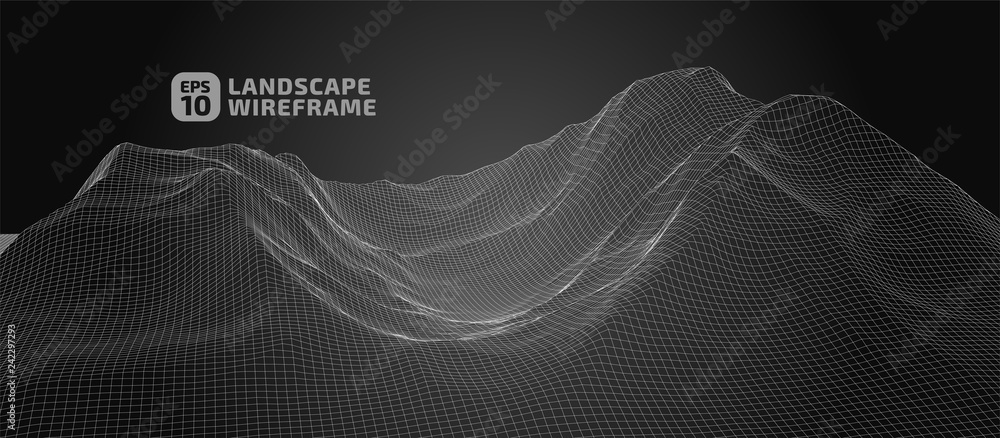 Poster abstract wireframe background. 3d grid technology illustration landscape. digital cyberspace in the 