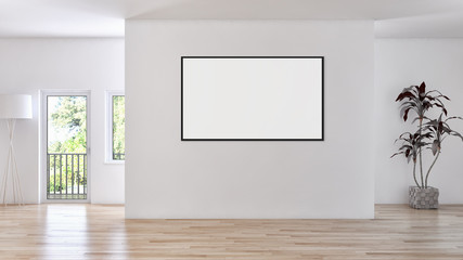 Modern bright interiors with mock up poster frame illustration 3D rendering computer generated image