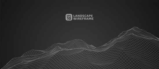 Abstract wireframe background. 3D grid technology illustration landscape. Digital Cyberspace in the Mountains with valleys. 