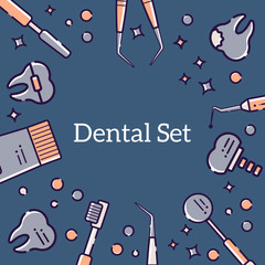 Vector flat background for card from medical instruments of dentist and teeth. Linear design for a postcard in the style of a cartoon with space for text