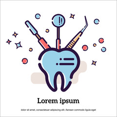 Vector flat illustration on white background in cartoon style. Tooth and dental instruments and equipment. Mirror with tweezers.