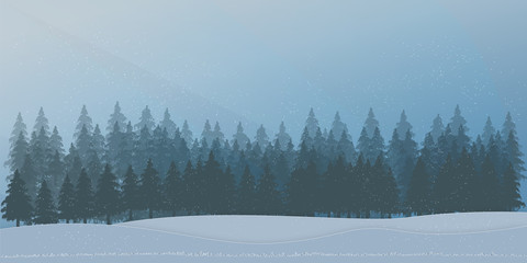 Paper art , cut and digital craft style of the pine forest in the winter season with trees and snow  as Nature and Happy New Year concept. vector illustration.