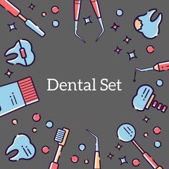 Vector flat background for card from medical instruments of dentist and teeth. Linear design for a postcard in the style of a cartoon with space for text