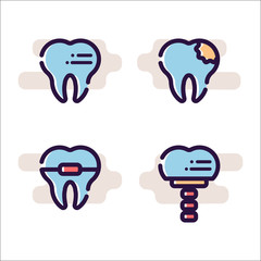 Vector flat illustration on white background in cartoon style. Icons of teeth with braces, caries and implant