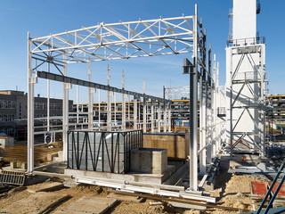 Naklejka premium Construction site of modern chemical production in the process of assembling of cryogenic air separation department with metal structures