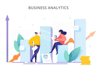 People are near the graphs and analyze company performance. Creative concept of strategy, successful result and profit growth. Business Analytics - vector illustration.