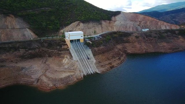 Aerial. Portuguese hydroelectro dam Odelouca, in mountains of Monchique. Algarve Portugal