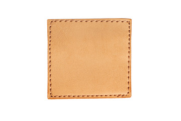 Brown stitched leather seam frame label tag isolated on white. Empty copy space fashion background.