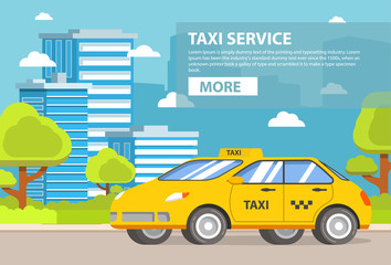 Yellow taxi service.City Building of a tower skyscrapers. Flat vector. Banner concept.Car cab.