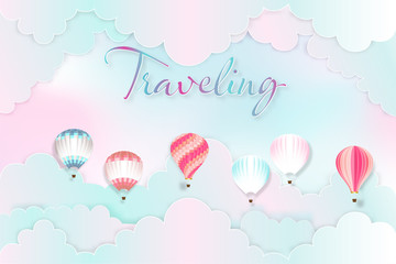 Paper art and craft style of Hot air balloons on the pastel sky background as trip and traveling concept. vector illustration