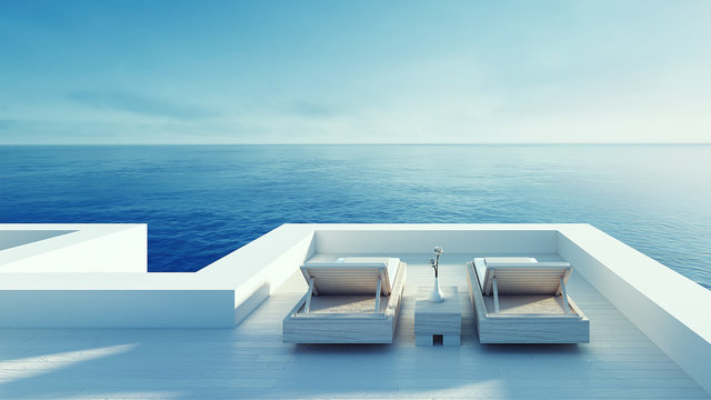 Beach lounge - ocean villa seaside & sea view for vacation and summer / 3d render outdoor