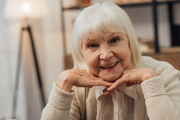 smiling senior woman with grey hair propping chin with hands and looking at camera at home © LIGHTFIELD STUDIOS