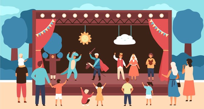Street theatre for children with actors dressed in costumes performing play or fairytale in front of audience. Outdoor theatrical performance for kids. Vector illustration in flat cartoon style.