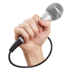Male hand holding a microphone, isolated on white background