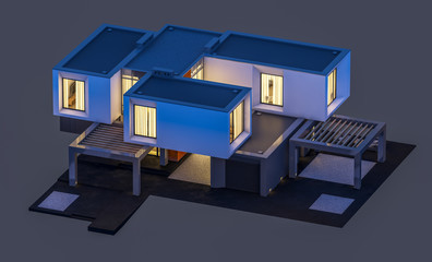 3d rendering of modern cozy house by the river with garage for sale or rent. Cool evening with soft light from window. Isolated on gray.