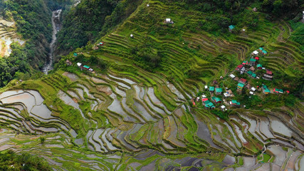 rice terrace with village in aerial view, Philippines